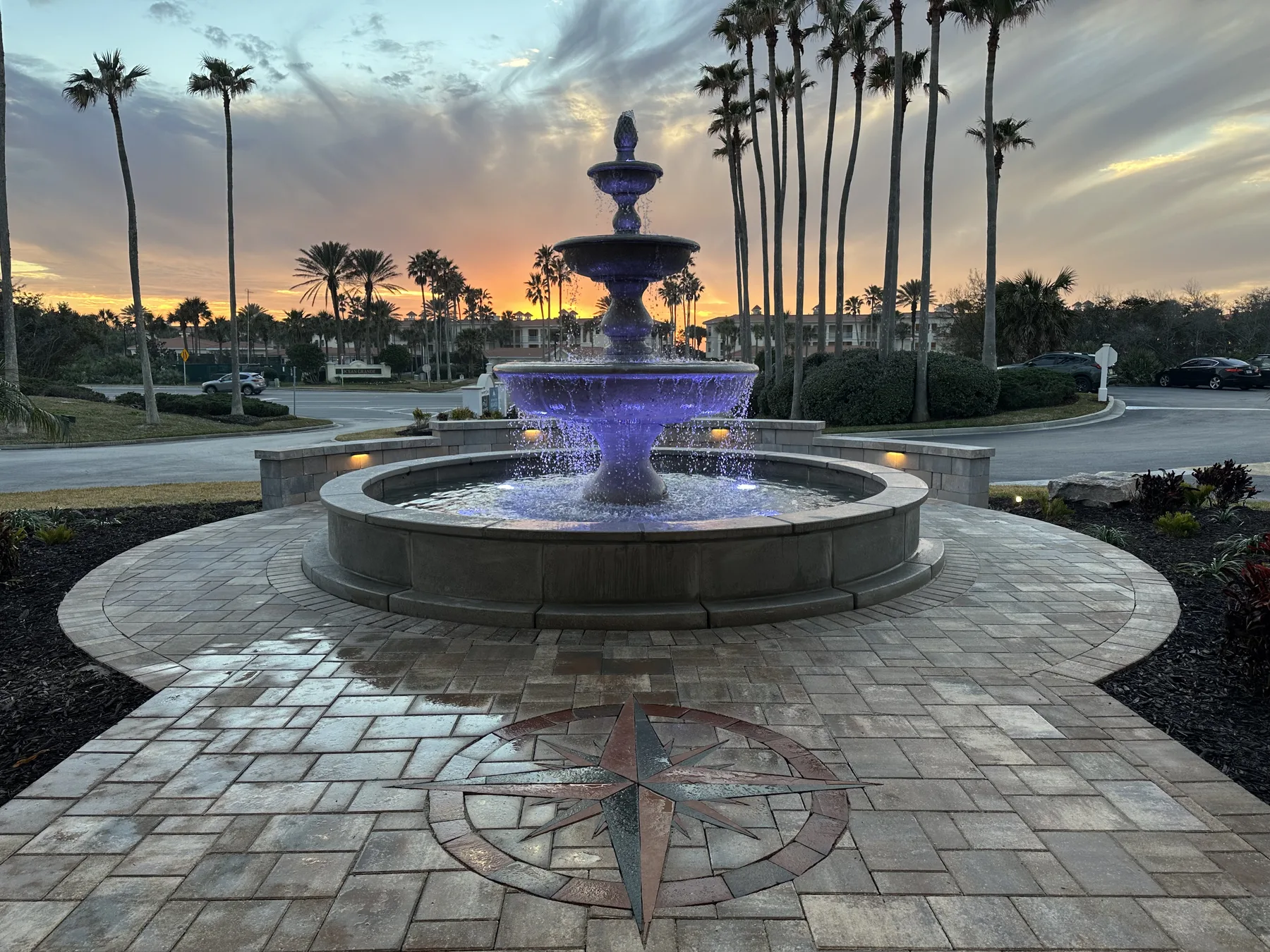 Custom water feature set in a decorative paver courtyard