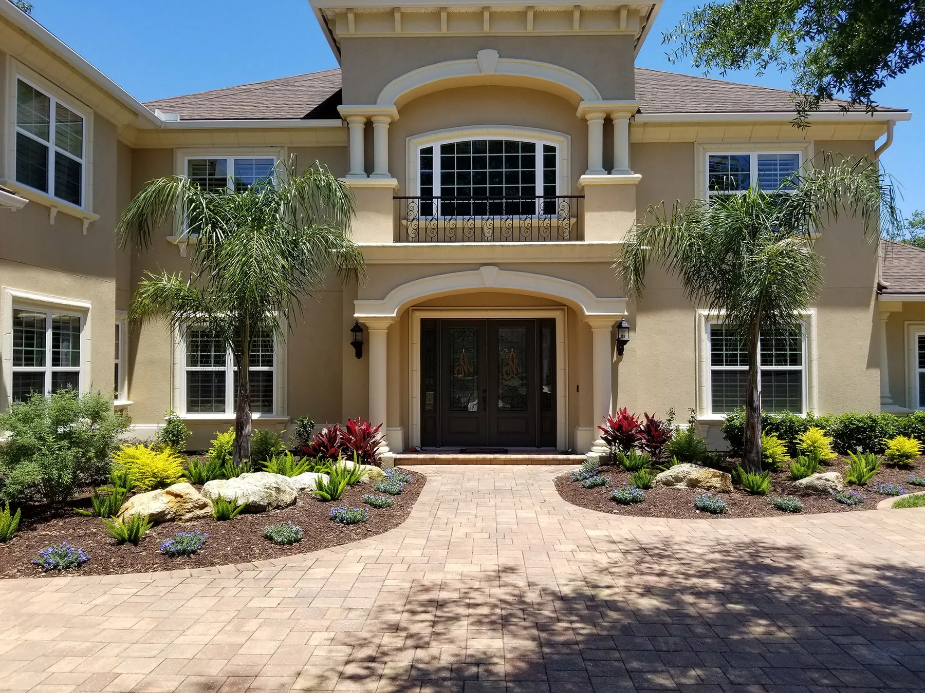 Front-yard landscape design with palms and layered planting beds